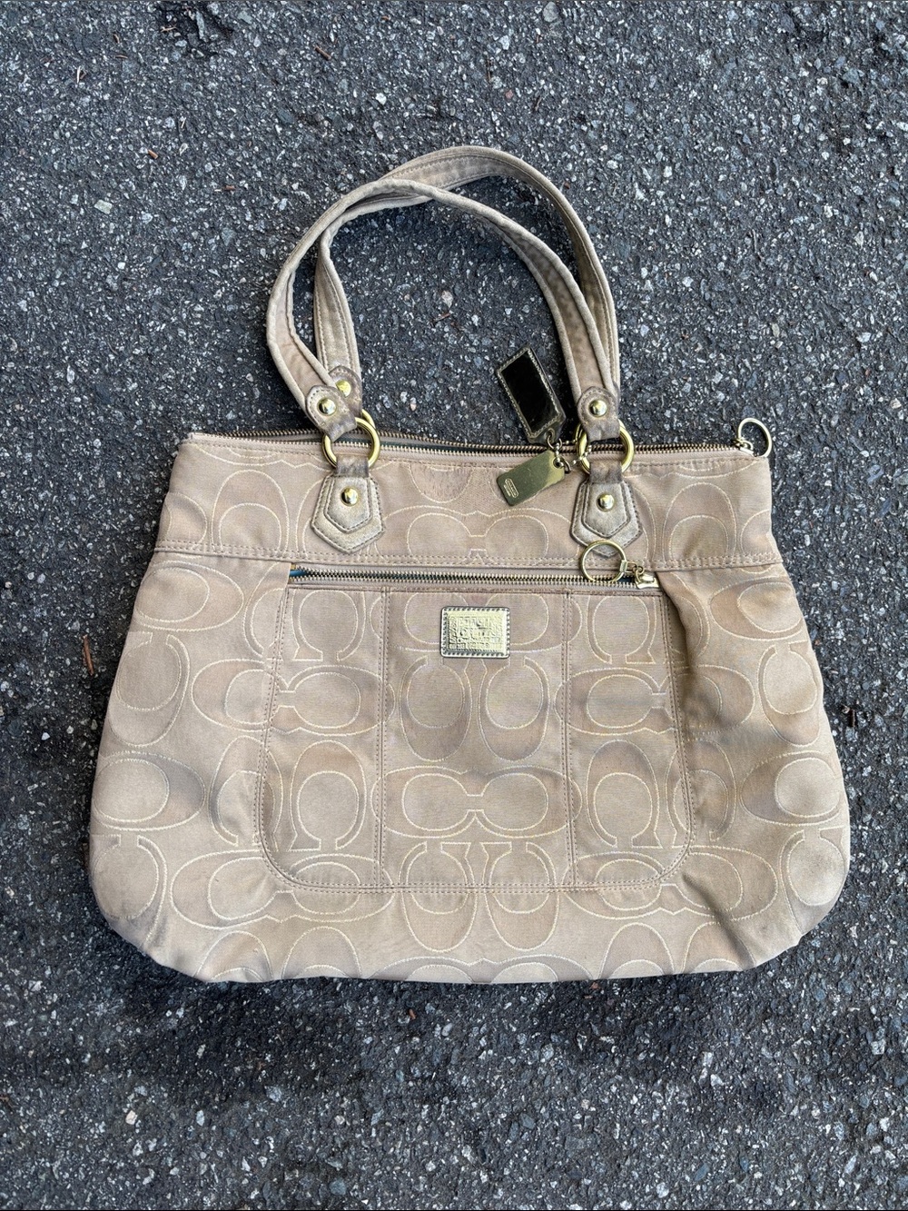 Coach Beige Khaki Signature Jacquard Shoulder Bag with Gold Hardware